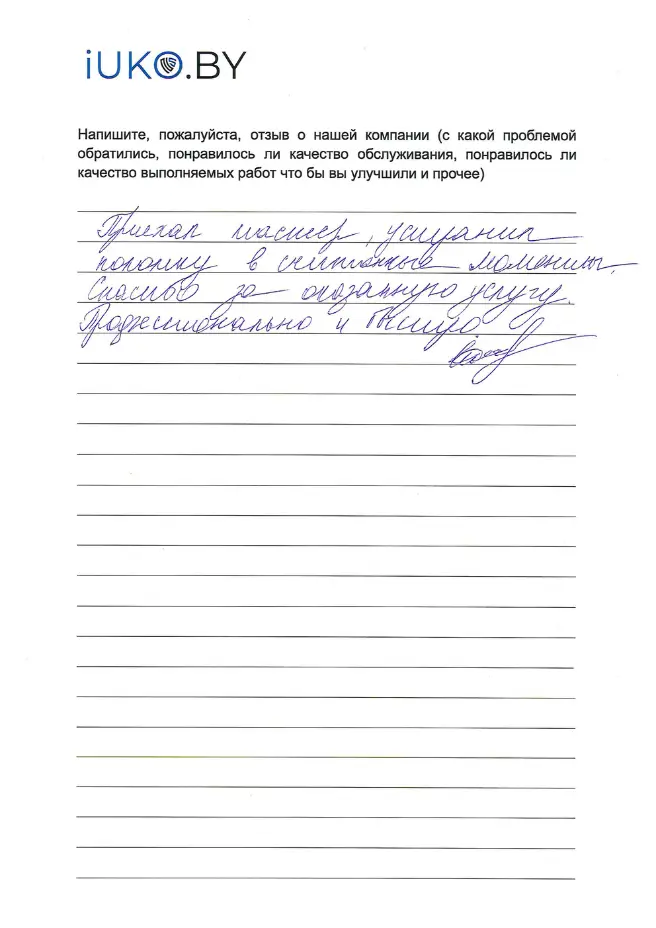 Рукописный отзыв о замене ручки